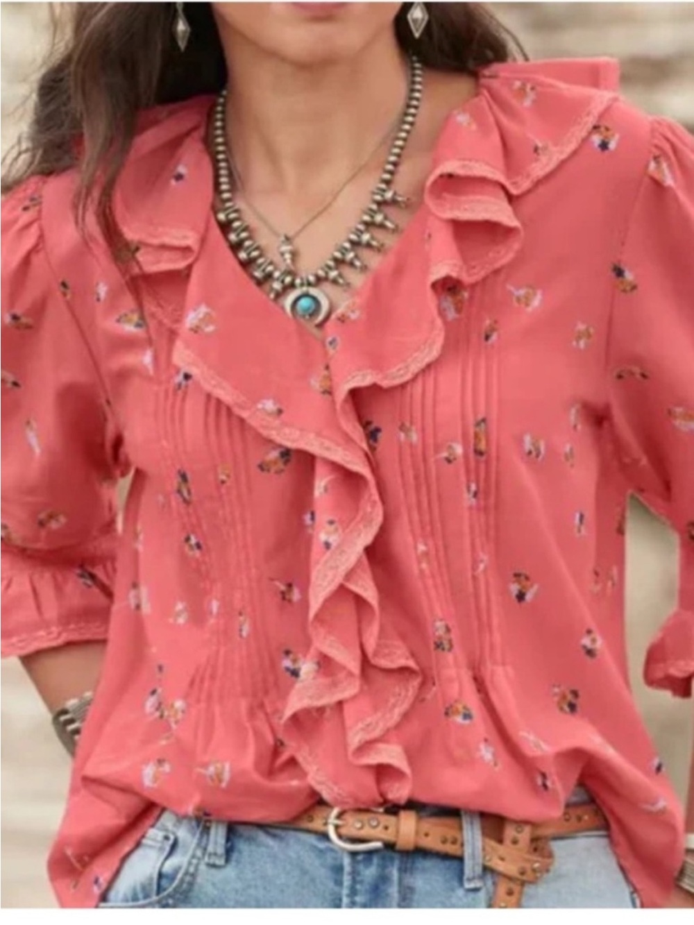 Sundance Beatrice Floral Ruffle Cotton Blouse Size XL